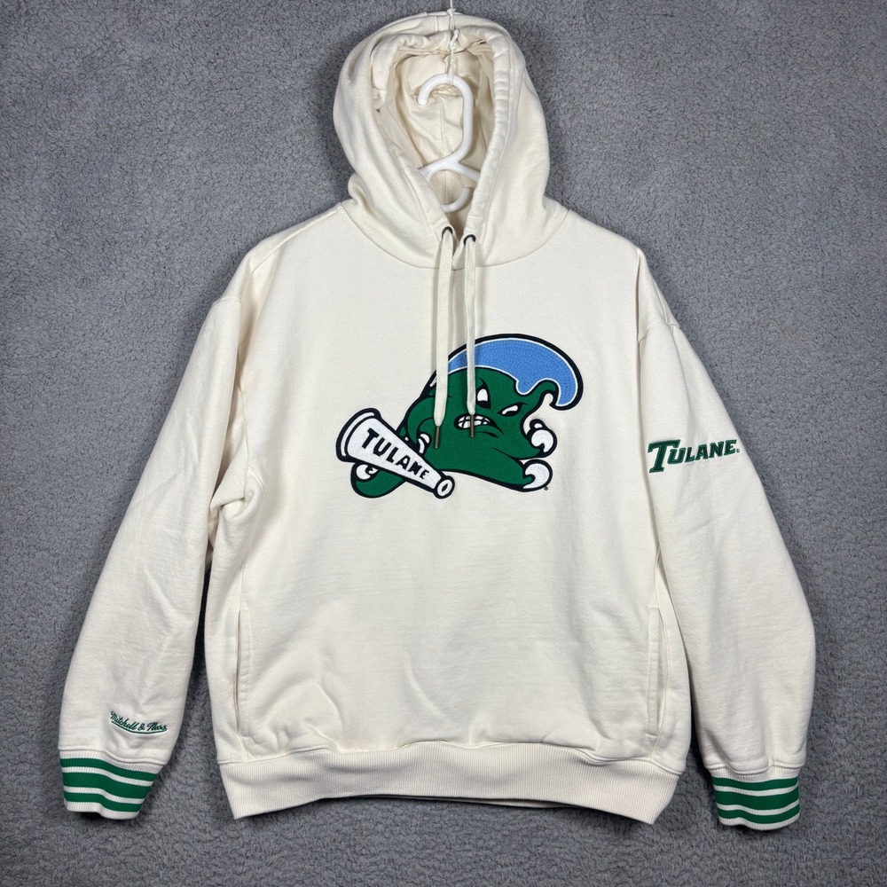 Mitchell & Ness Tulane Green Wave Angry Wave Hoodie Mens Medium Cream Pullover
